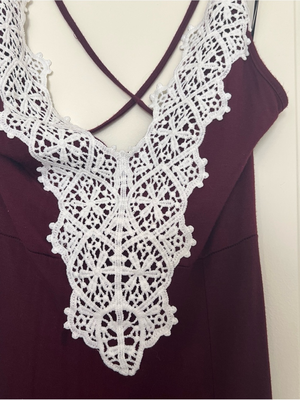 Festival Boho Maxi Dress Burgundy Crochet Trim Open Back Side Slit